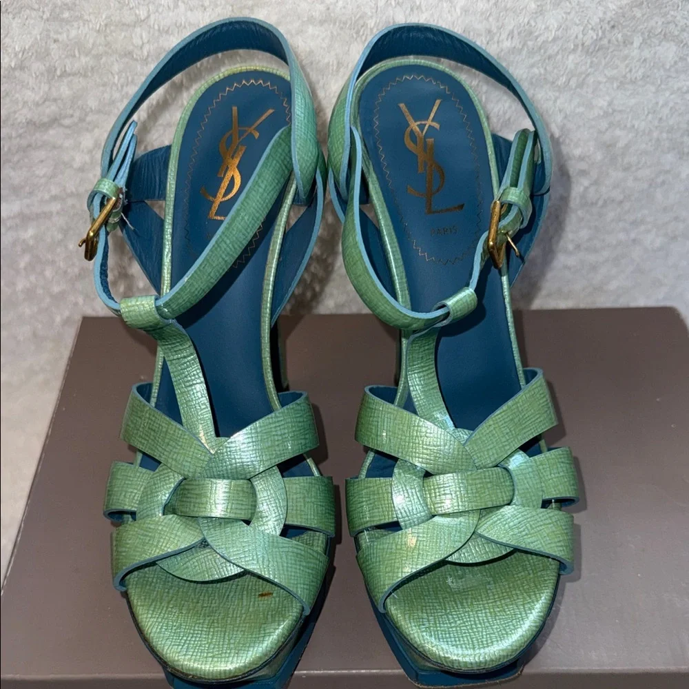 YSL Yves Saint Laurent Tribute Green Lizard Embossed Platform Heels Sandals 36.5